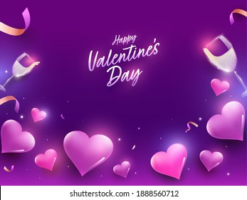 Happy Valentine's Day Concept With Glossy Hearts, Wine Glasses, Confetti And Lights Effect On Purple Background.