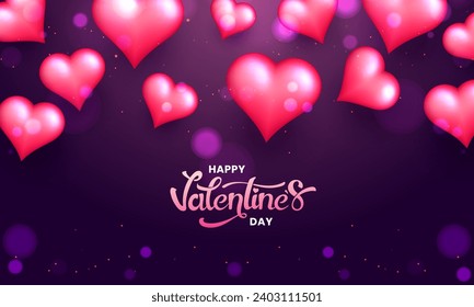 Glückliches Valentinstag-Konzept mit glänzenden roten Herzen auf violettem Bokeh-Hintergrund. Kann als Grußkarte oder Poster Design verwendet werden.