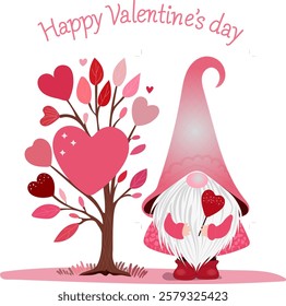 Happy Valentine's day concept. Gnome in a pink-red dress holds a heart-shaped wand for casting a love spell. Valentine greeting card with a heart and tree in floral leaves design. Isolated background