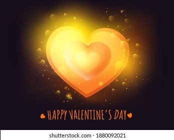 Happy Valentine's Day Concept With Golden Hearts And Lights Effect On Black Background.