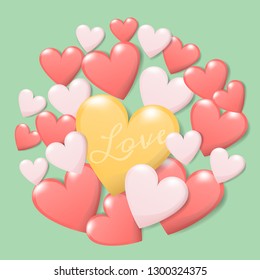 happy valentine's day concept. group of colorful heart with text love isolate on green background. creative vector greeting card design