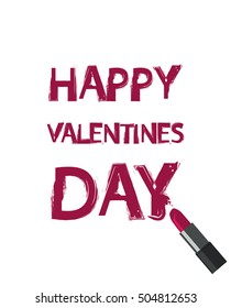 Happy Valentines day concept. Grunge pink text is written lipstick. Banner, greeting card, sale tag, poster design template. Vector illustration 10 EPS. Happy Valentines day text isolated on white.