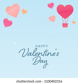 Happy Valentine's Day Concept With Hearts, Hot Air Balloon Decorated On Blue Background.