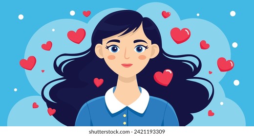 Happy Valentines Day concept with hearts and young woman in love illustration