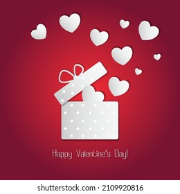 Happy Valentine's day concept illustration with gift box and hearts symbols. Paper heart Valentine's Day. A gift for women on a holiday.