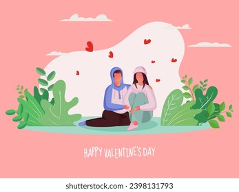 Fröhliches Valentinstag-Konzept mit Illustration von Cartoon Young Couple sitzend zusammen, fliegen kleine Herzen und grüne Blätter auf rosafarbenem Hintergrund.