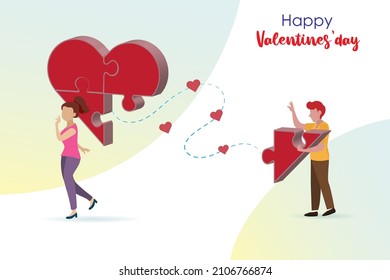 Happy Valentines day concept. In love man bring jigsaw missing piece in heart shape to shy woman.