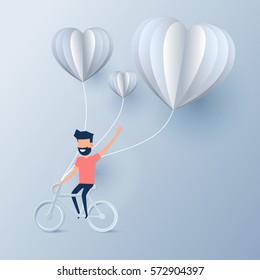 Happy valentine's day concept of love. Man riding bicycle with heart shape hot air balloons. Paper art design. Cartoon Vector Illustration.