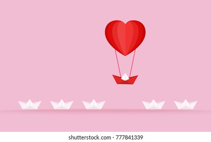 Happy valentine's day concept of love. Outstanding the Boat rises above with heart shape hot air balloon. Vector Illustration