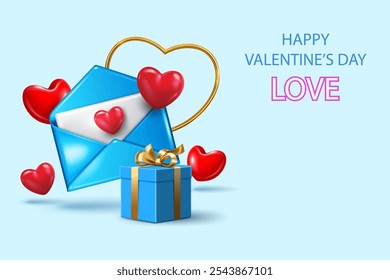 happy valentine's day concept lovely and romantic background. letter,red hearts,gift box and golden metallic line heart decorative love celebration banner and greeting card vector illustration. 