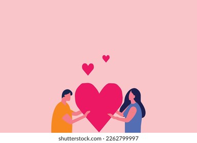 Happy Valentines day, concept of lovers holding hearts. with red heart, romantic background, can be used for banner, poster, flyer, invitation, website or greeting card. vector illustration