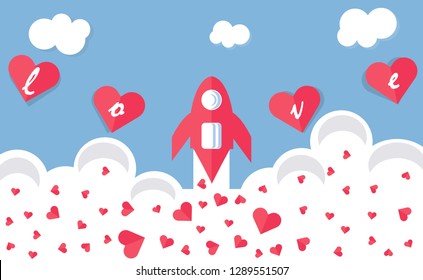 Happy Valentine's day concept with many hearts shape. Red and white background with rocket blue sky . Vector illustration 