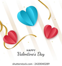 Happy valentine's day concept with many hearts and ribbons. Origami paper heart shapes on white background