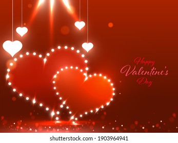 Happy Valentine's Day Concept With Marquee Hearts On Red Lights Effect Background.