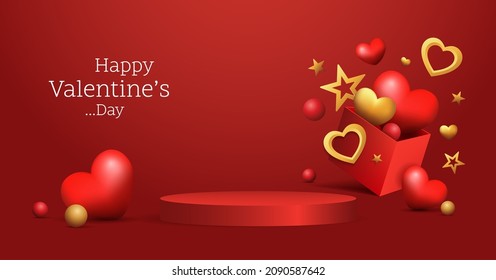 happy valentine's day concept. minimal scene with geometric forms. cylinder podium display or showcase mockup for product in red background. vector illustration