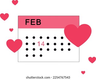 Happy Valentine's Day concept on calendar or almanac February 14 and other dates with heart, multiple hearts, love, romance, vector illustration