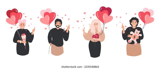 Happy Valentine's Day concept. People fall in love, holding a heart balloon over their heads, set. 14 February - love day. Cartoon flat vector illustration, Korean heart sign. Finger love symbol