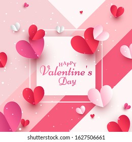 Happy Valentine's Day Concept with Pink and Red Paper Hearts Decorated on Abstract Snowfall Background.