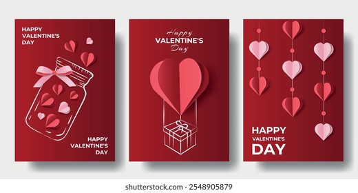 Happy Valentines day concept posters set. Vector illustration. 3d red and pink paper hearts on Red Background. Cute Love Design template banner or greeting cards for advertising, web, social media.