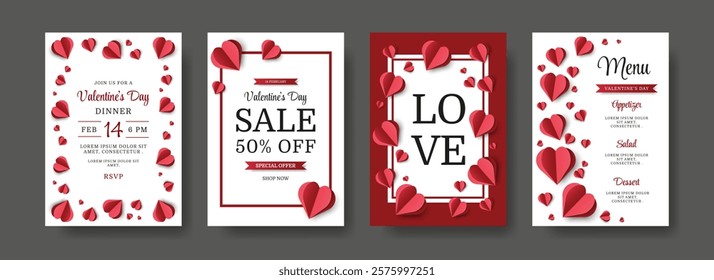 Happy Valentine's Day Concept Posters Set with Red Paper Cut Hearts. Vector illustration. 3d Paper Hearts with Frame. Cute Love Sale Banner, Voucher, Brochure Template or Greeting card. Place for text