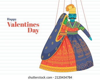 Happy Valentine's Day Concept With Rajasthani Puppet Couple String On White Stripe Pattern Background.