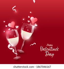 Happy Valentine's Day Concept With Realistic Wineglasses And Hearts On Red Background.