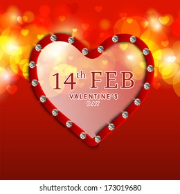 Happy Valentines Day concept with shiny heart shape on bright red background, can be use as flyer, banner or poster. 