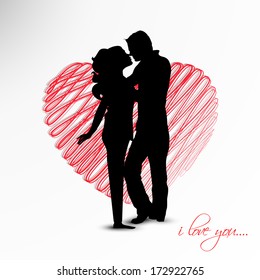 Happy Valentines Day concept with silhouette of young couples in love on heart shape decorated grey background. 