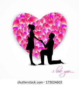Happy Valentines Day concept with silhouette of young couple on petals decorated heart shape background. 
