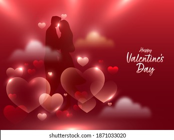 Happy Valentine's Day Concept With Silhouette Couple Together And Glossy Hearts Decorated On Red Background.