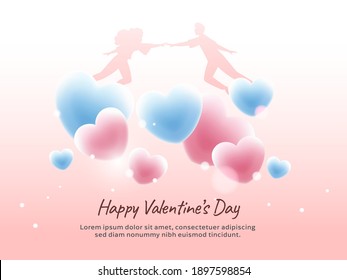 Happy Valentine's Day Concept With Silhouette Couple Flying And Glossy Hearts On Light Pink Background.