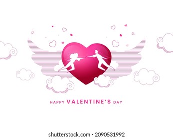 Happy Valentine's Day Concept With Silhouette Couple And Pink Glossy Heart Wings On White Background.