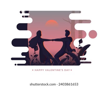 Happy Valentine's Day Concept with Silhouette Couple Doing Dance on Abstract Sunset Or Sunrise Landscape Background.