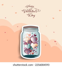 Happy Valentines Day Concept, Sticker Style Colorful Hearts With Leaves Inside Jar.