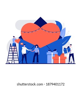 Happy valentine's day concept with tiny character. People stand near big envelope with red heart flat vector illustration. Pink romantic template. Can use for web banner or landing page idea.