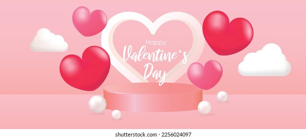 Happy Valentine's Day concept vector. Abstract 3d composition decorate with geometric podium and glossy red pink hearts background. Design for banner, mock up, product presentation, ads, marketing.
