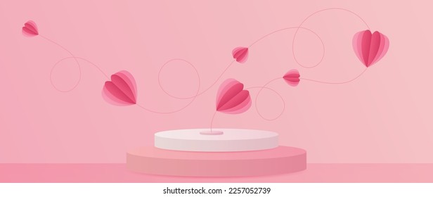 Happy Valentine's Day concept vector. Abstract 3d composition decorate with podium and sweet pink hearts origami paper background. Design for banner, mock up, product presentation, ads, marketing.