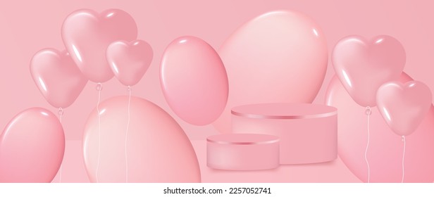 Happy Valentine's Day concept vector. Abstract 3d composition decorate with podium and glossy sweet pink heart balloons background. Design for banner, mock up, product presentation, ads, marketing.