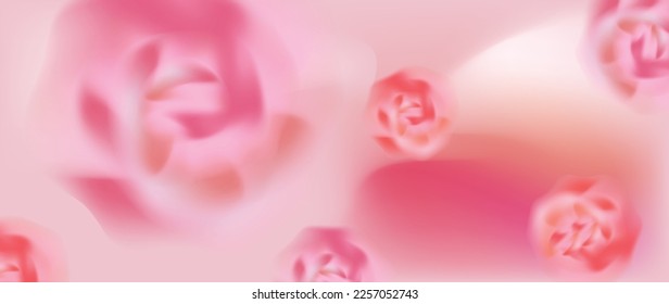 Happy Valentine's Day concept vector. Abstract 3d composition decorate with blurred sweet pink rose flowers texture background. Design for banner, mock up, product presentation, ads, marketing.