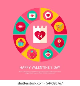 Happy Valentines Day Concept. Vector Illustration of Love Holiday Infographics Circle with Icons.