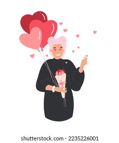 Glückliches Valentinstag-Konzept. Frauen verlieben sich, halten einen Herzballon über ihrem Kopf. Koreanisches Herzzeichen. Finger Liebessymbol, 14. Februar - Liebestag. Cute-Cartoon-Flavektor-Vektorgrafik 