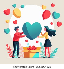 Happy Valentine's Day Concept With Young Boy And Girl Character With Colorful Hearts, Balloons Gift Box And Leaves.