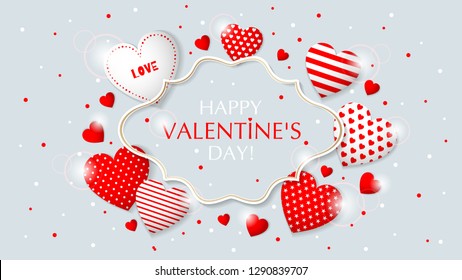 Happy Valentine's Day congratulation card. Frame design with different hearts. Vector illustration.