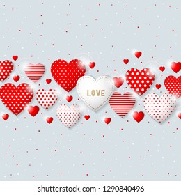 Happy Valentine's Day congratulation card. Frame design with different hearts. Vector illustration.

