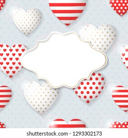 Happy Valentine's Day congratulation card. Frame design on a hearts pattern. Vector illustration.