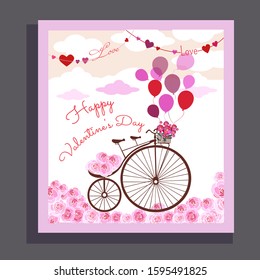Happy valentines day congratulation card with bicycle and roses