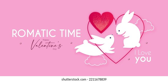 Happy Valentine's day congratulation card template with cute rabbits in love. Expression of tender feelings