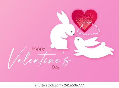 Happy Valentine's day congratulation card template with cute rabbits in love. Expression of tender feelings