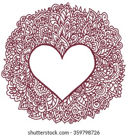 Happy Valentines Day congratulation card with mandala ornament. Vector illustration