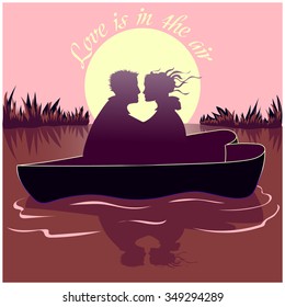 Happy Valentines day congratulation love night journey card with big moon and heart boat on the lake, two black shadows. Love is in the air quote Vector illustration